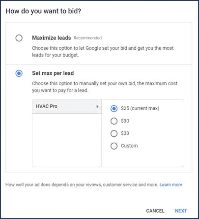 Google Local Services bid types